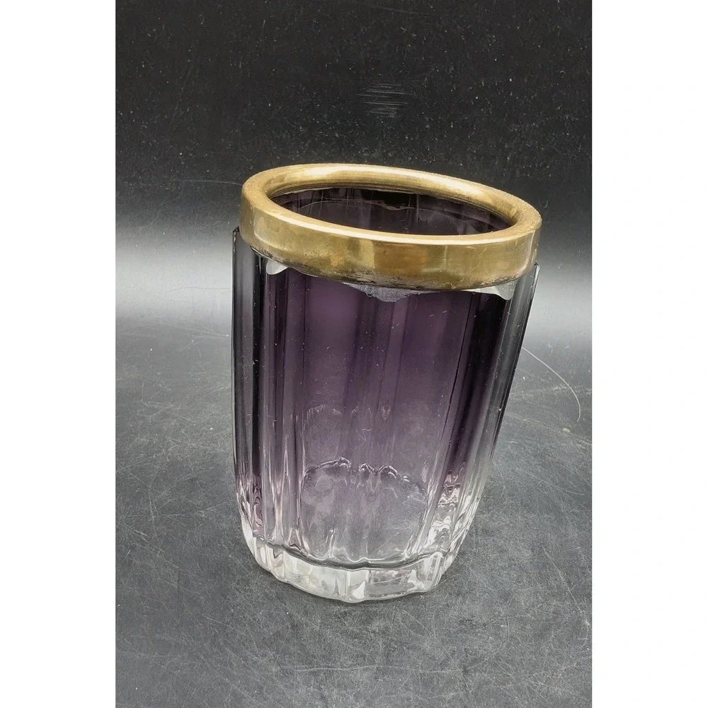 Moser Amethyst Faceted Art Glass Vase with Brass Rim Purple Ombre Bohemian 4